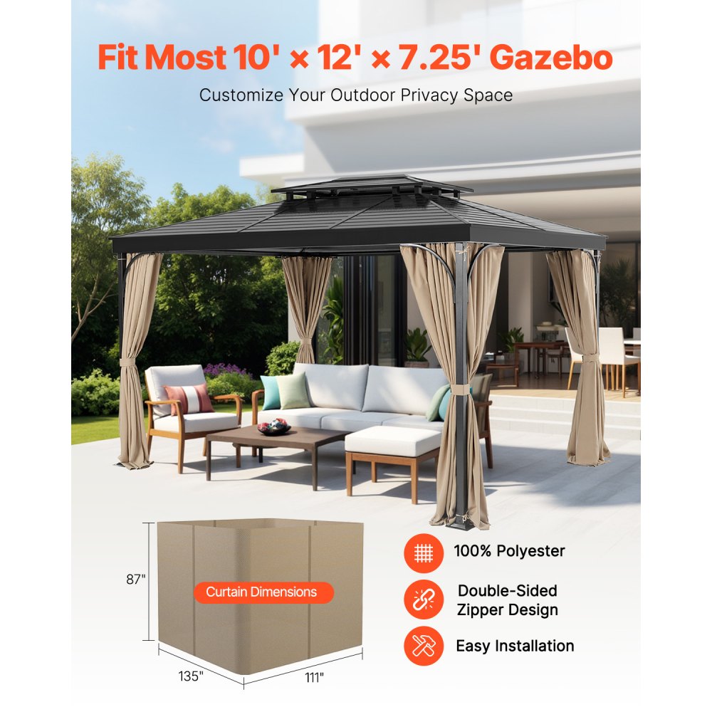 VEVOR Gazebo Privacy Curtain 12' x 10' x 7.3' Waterproof Gazebo Curtains Khaki