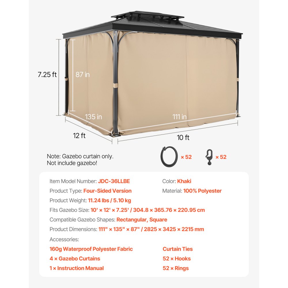 VEVOR Gazebo Privacy Curtain 12' x 10' x 7.3' Waterproof Gazebo Curtains Khaki