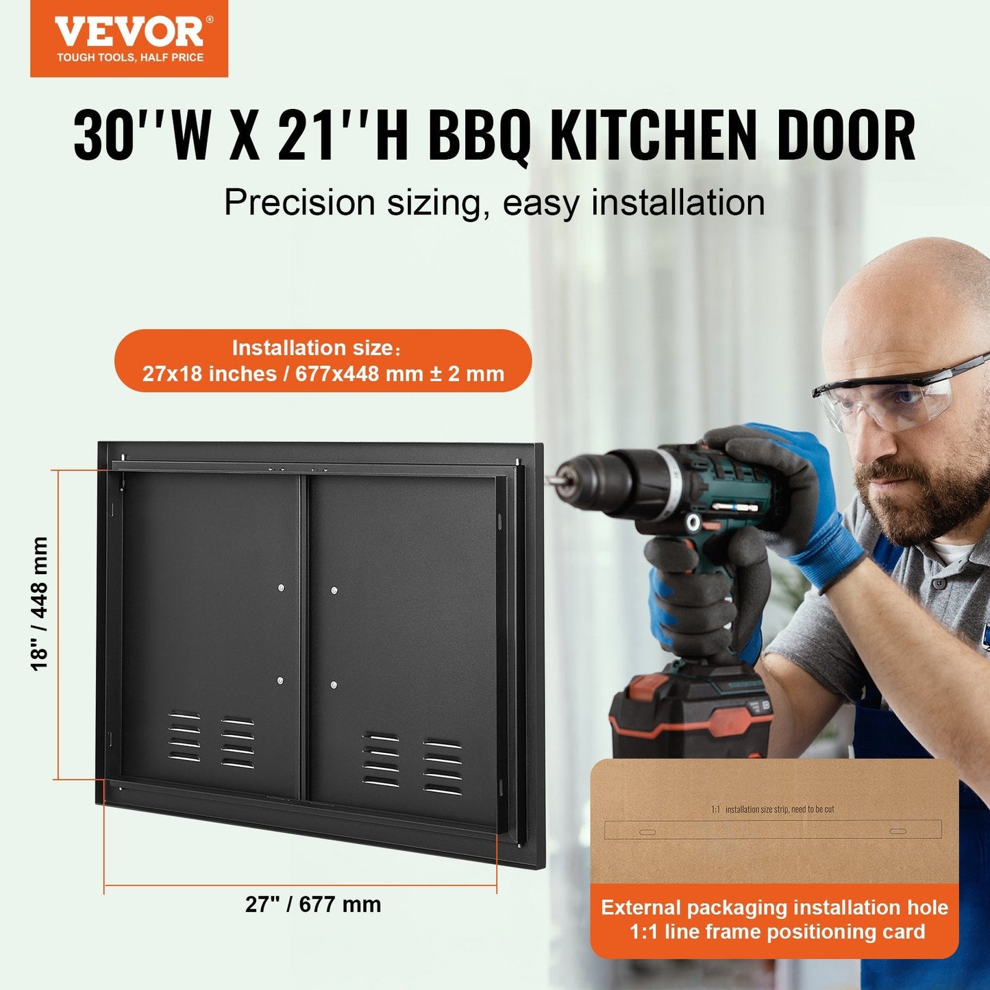 Outdoor Kitchen Double Door, 0.76 x 0.53 m, Matte Black, Easy Install, with Vents