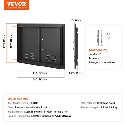 Outdoor Kitchen Double Door, 0.76 x 0.53 m, Matte Black, Easy Install, with Vents