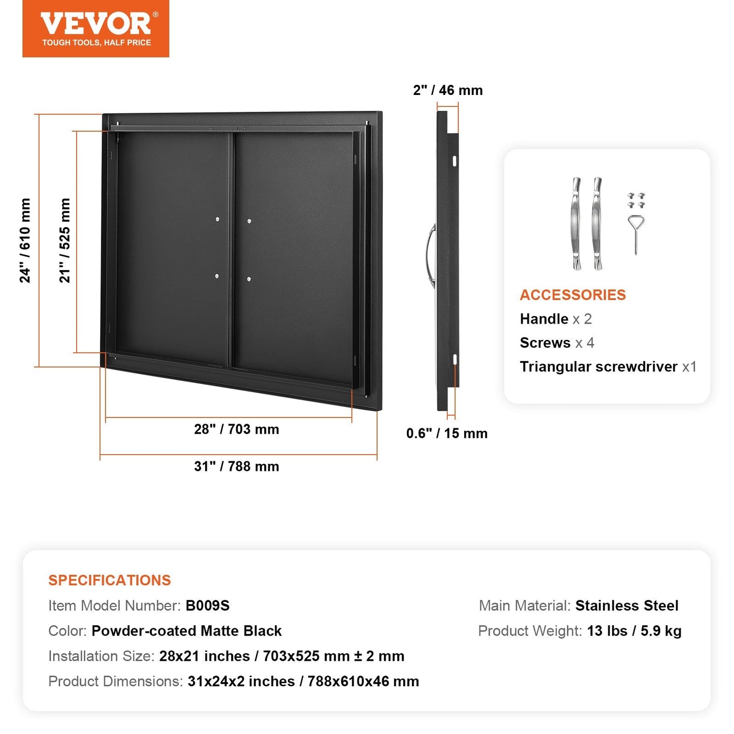 Double Outdoor Kitchen Access Door, 0.79x0.61 m, Matte Black, Cold Plate Design