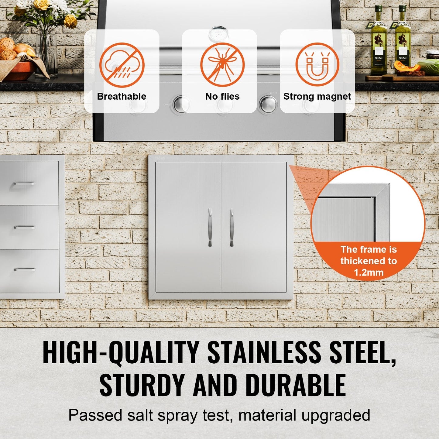 Stainless Steel Double Outdoor BBQ Access Door, 0.61x0.61 m, with Handles & Hooks
