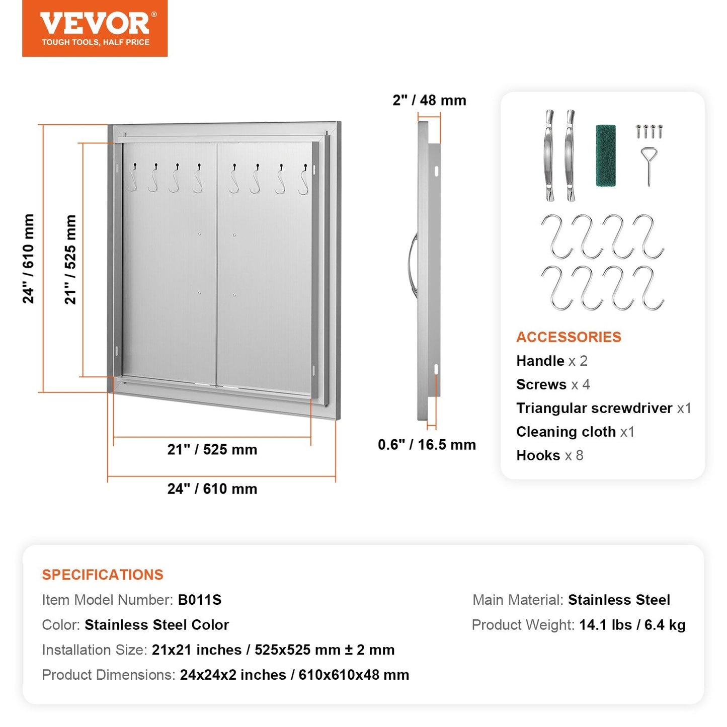 Stainless Steel Double Outdoor BBQ Access Door, 0.61x0.61 m, with Handles & Hooks