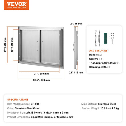 Stainless Steel Outdoor Double Access Door, 0.77x0.53m, for BBQ and Grilling Stations