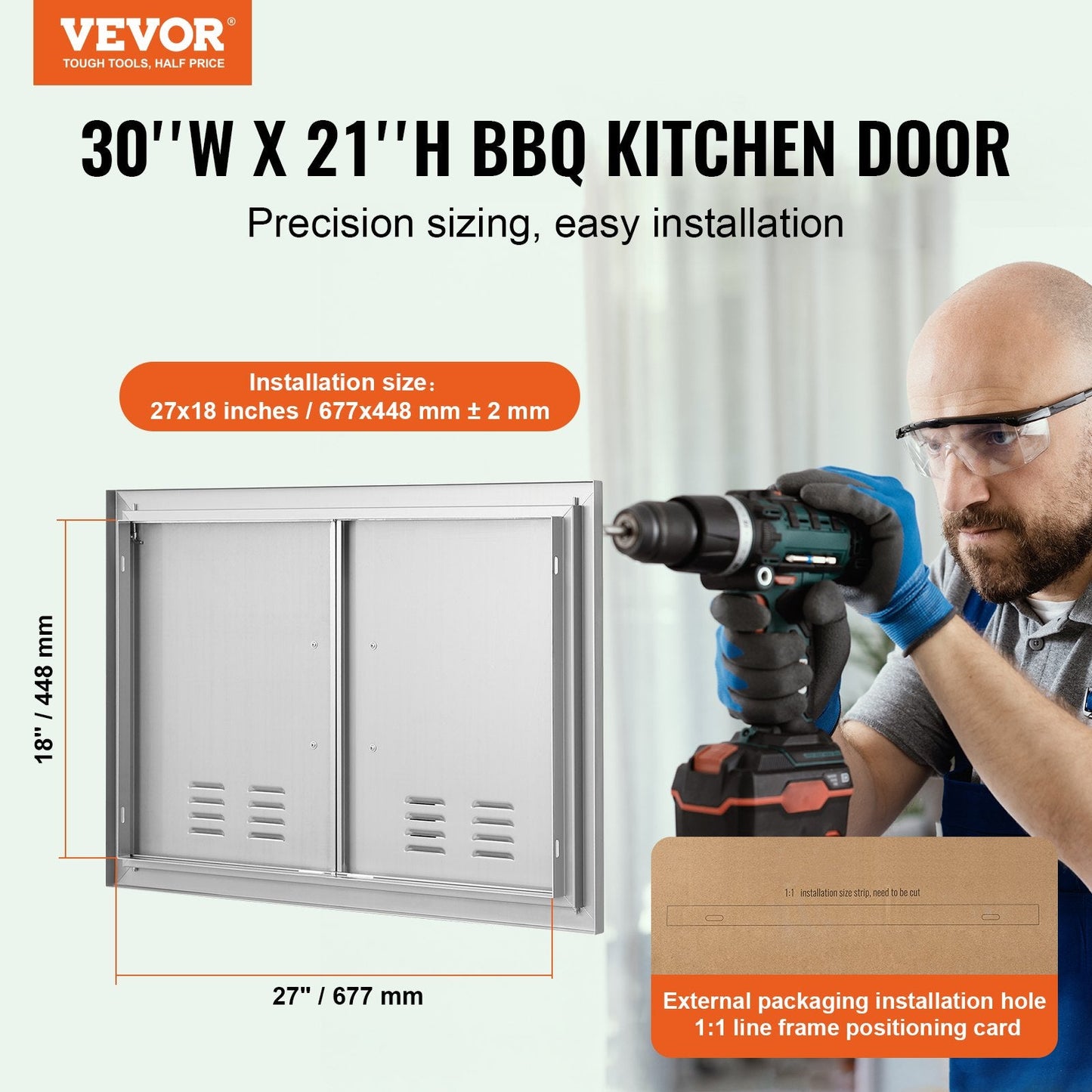 Stainless Steel Outdoor Kitchen Double Access Door, 0.76x0.53 m, with Vents