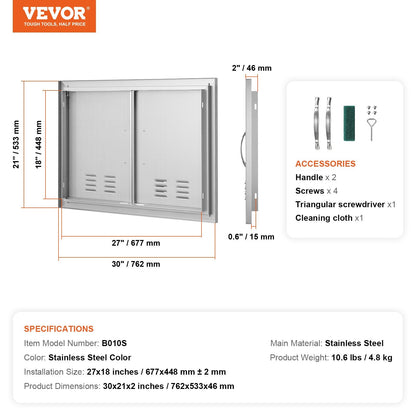 Stainless Steel Outdoor Kitchen Double Access Door, 0.76x0.53 m, with Vents