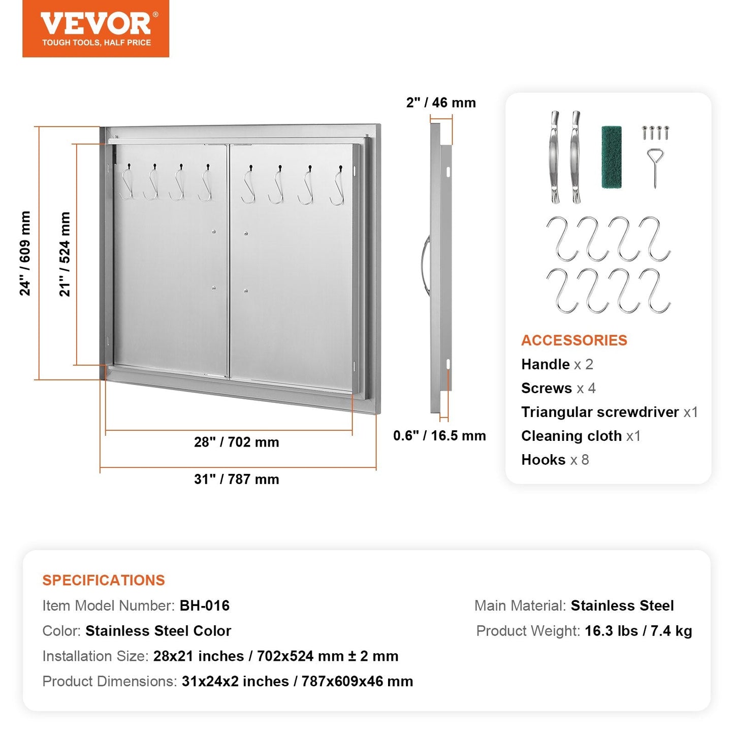 Stainless Steel Outdoor Kitchen Double Door - 0.79x0.61m, Easy Install