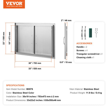 VEVOR BBQ Access Door, 838x558 mm Double Outdoor Kitchen Door, Stainless Steel Flush
