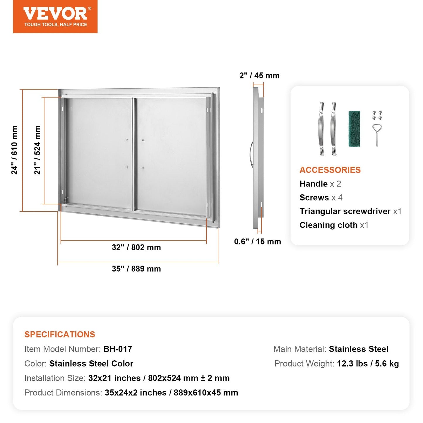 Stainless Steel Outdoor Kitchen Access Door, 0.89x0.61m, Double Flush Mount