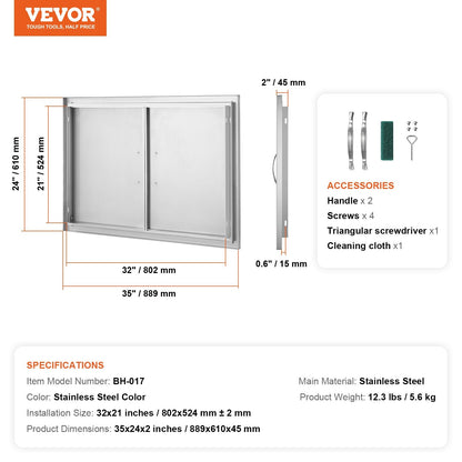 Stainless Steel Outdoor Kitchen Access Door, 0.89x0.61m, Double Flush Mount