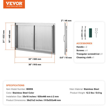 VEVOR BBQ Access Door, 915x533 mm Double Outdoor Kitchen Door, Stainless Steel Flush