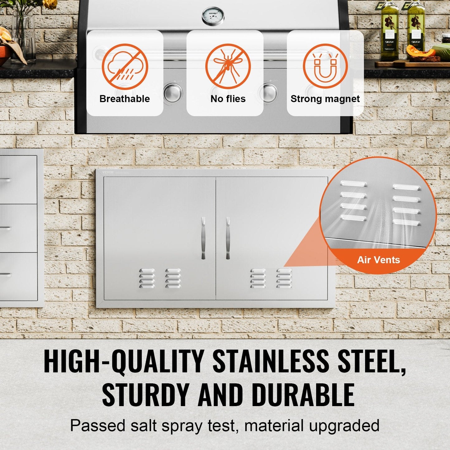 Stainless Steel Outdoor Kitchen Double Access Door with Handles & Vents, 914x534 mm