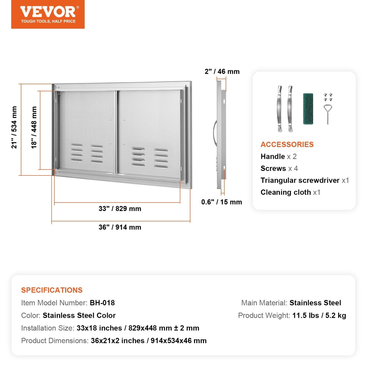 Stainless Steel Outdoor Kitchen Double Access Door with Handles & Vents, 914x534 mm