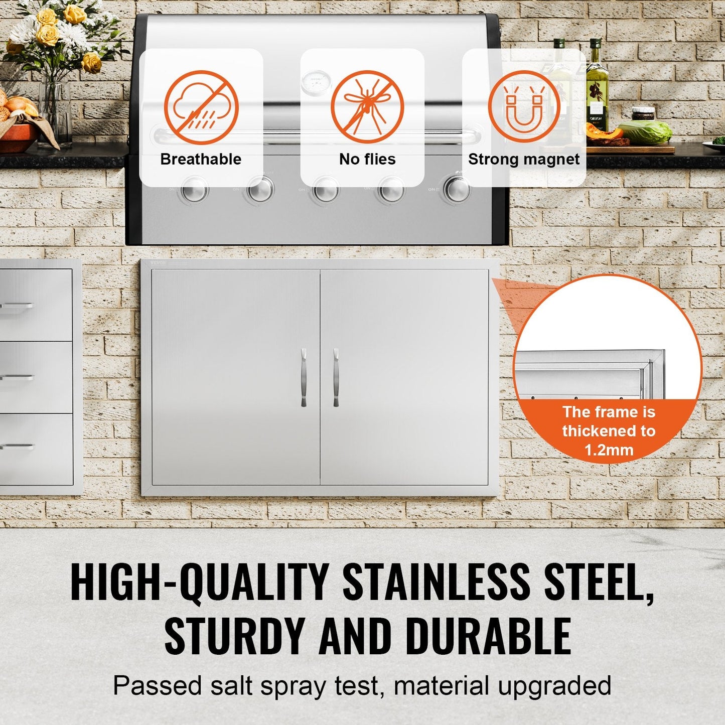 Stainless Steel Outdoor Kitchen Access Door, 990x660 mm, Double Wall Mount