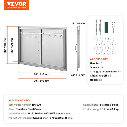 Stainless Steel Outdoor Kitchen Access Door, 990x660 mm, Double Wall Mount