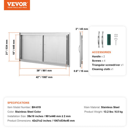 VEVOR BBQ Access Door, 1067x534 mm Double Outdoor Kitchen Door, Stainless Steel