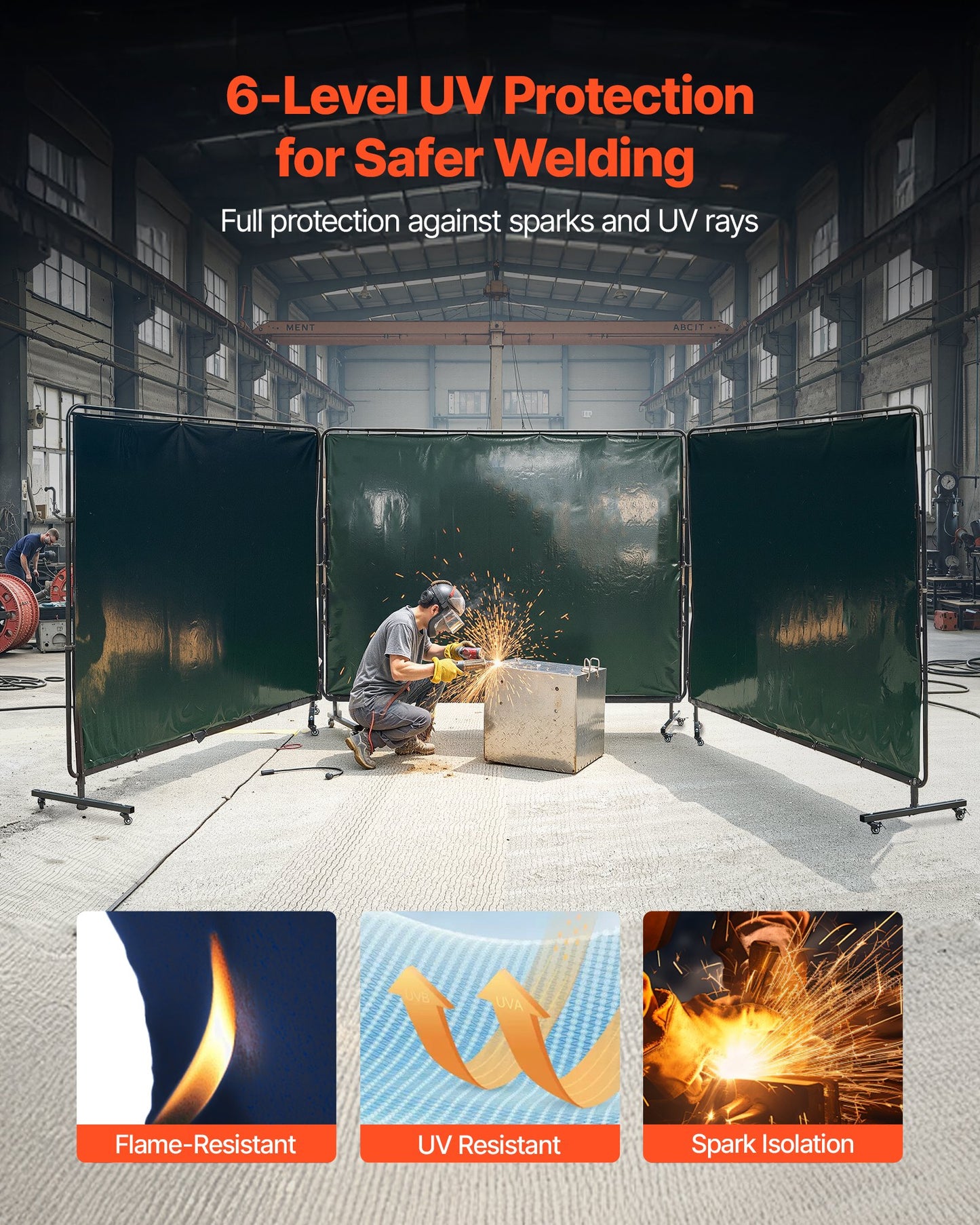 Welding Screen with Frame, 3-Panel 1.74 x 2.34m Welding Curtain Screen, Flame-Resistant Vinyl Protection Screens with 12 Wheels & 6-Level UV Protection for Workshop/Industrial Use, Dark Green