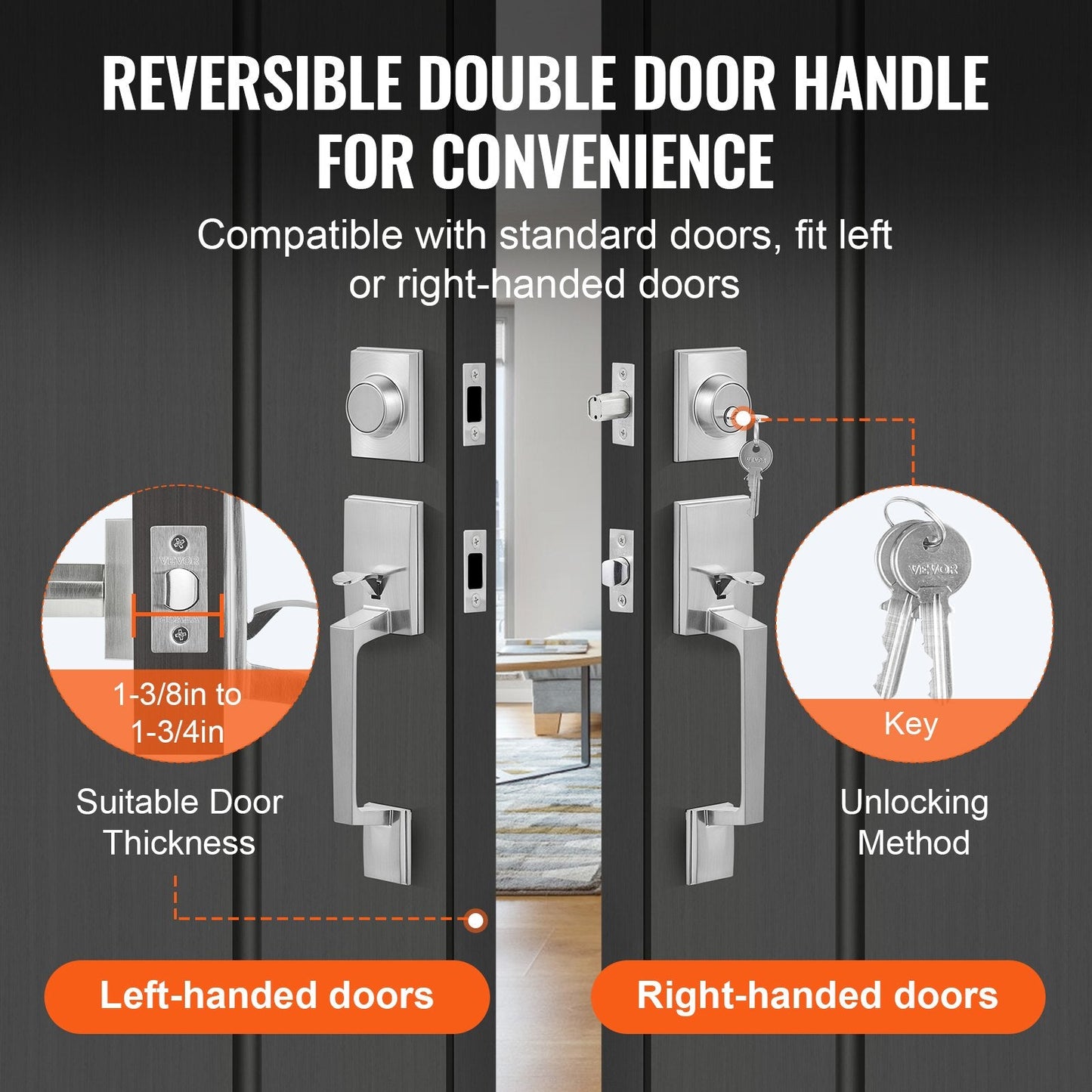 Satin Nickel Double Door Handle Set with Reversible Lever, 2.96 kg