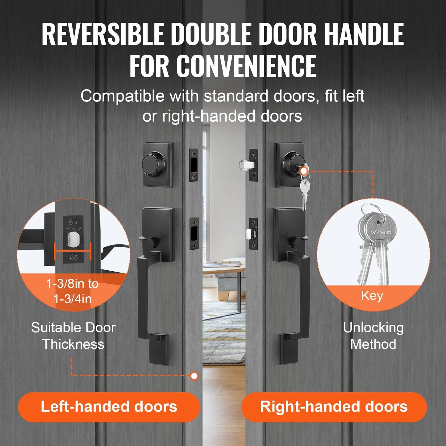 Matte Black Double Door Handle Set with Reversible Lever, 2.96 kg