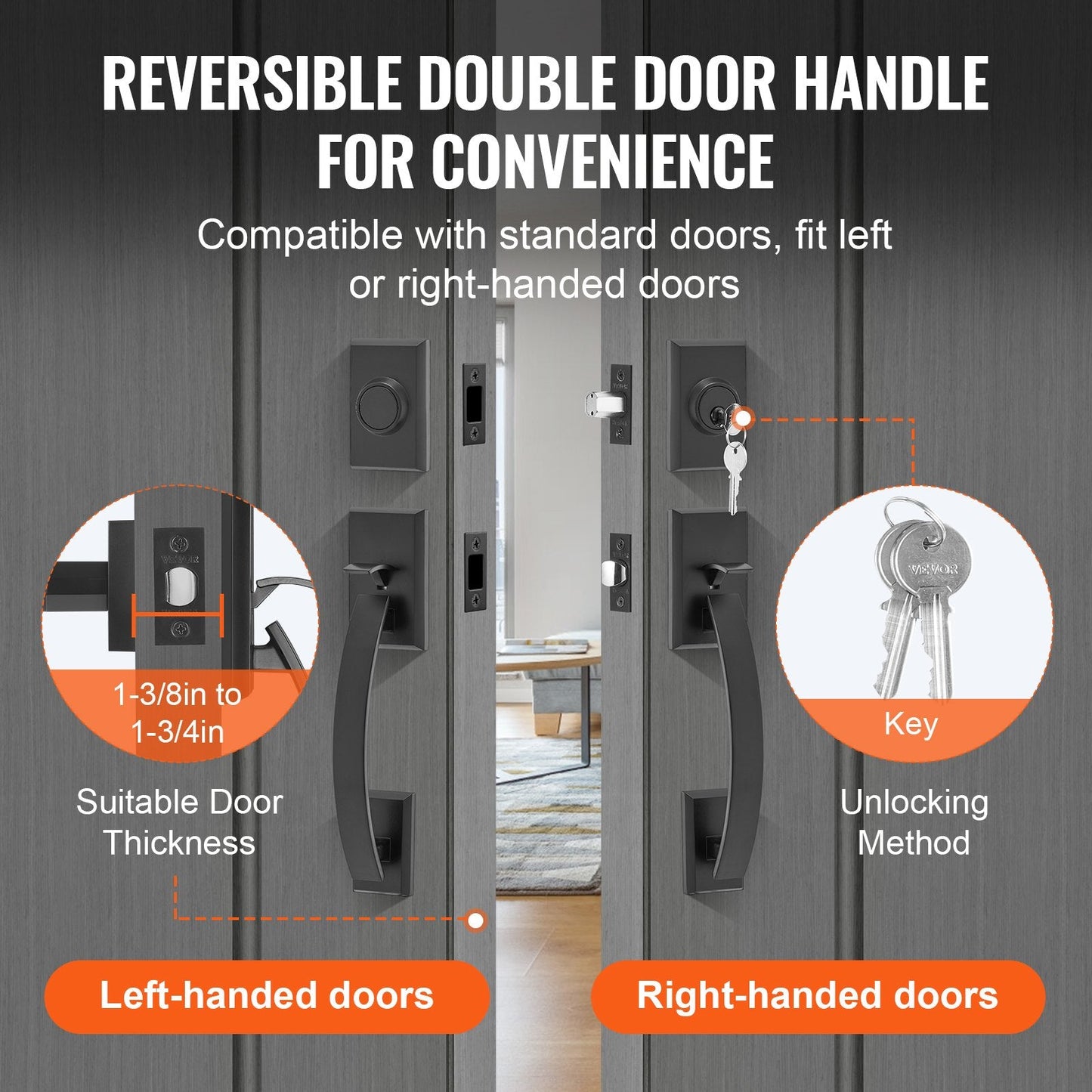 Matte Black Double Door Handle Set with Reversible Lever, Heavy Duty Lock