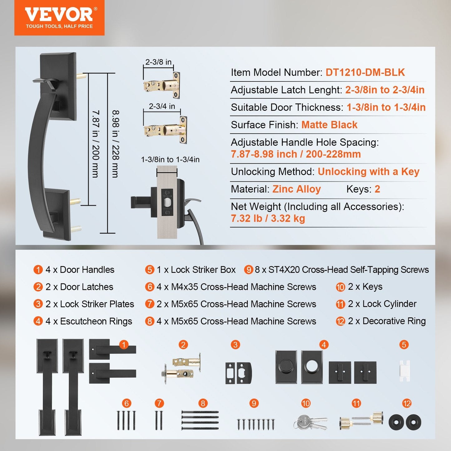 Matte Black Double Door Handle Set with Reversible Lever, Heavy Duty Lock