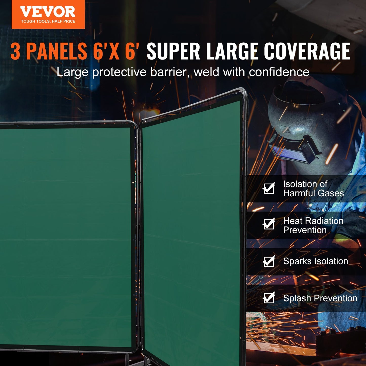 VEVOR Welding Screen with Frame 3 Panel 6' x 6' Welding Curtain Screen 12 Wheels