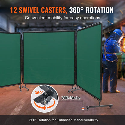 3-Panel Welding Screen with Frame, Flame-Resistant, UV Protection, 1.8 x 1.8 m