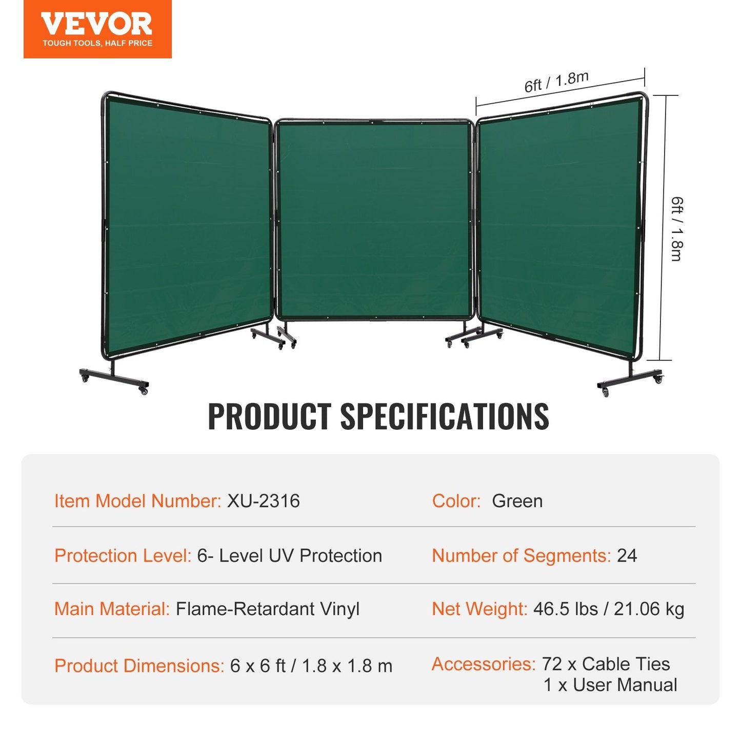 3-Panel Welding Screen with Frame, Flame-Resistant, UV Protection, 1.8 x 1.8 m