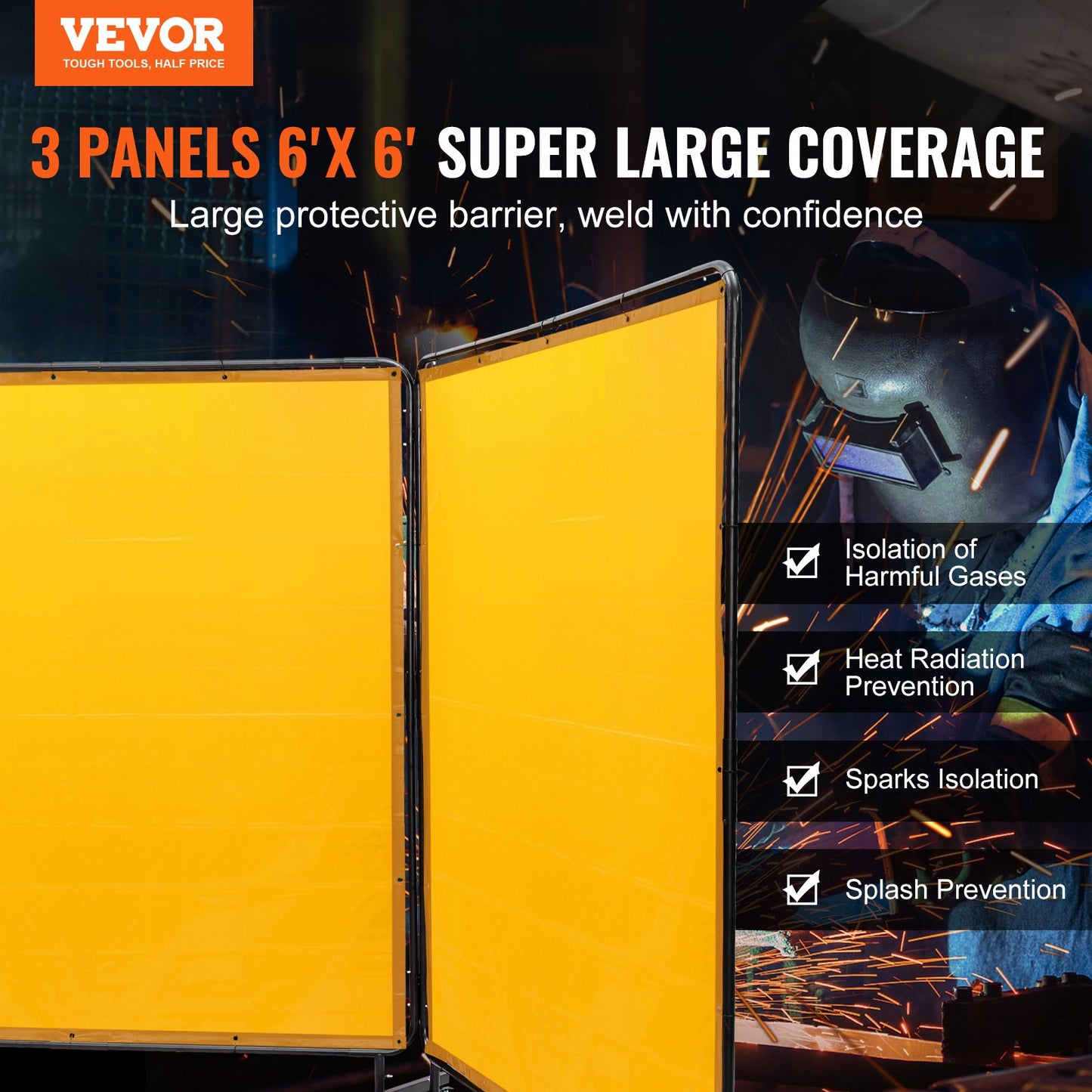Welding Screen with Frame, 6' x 6' 3 Panel Welding Curtain Screens, Flame-Resistant Vinyl Welding Protection Screen on 12 Swivel Wheels (6 Lockable), Moveable & Professional for Workshop, Yellow