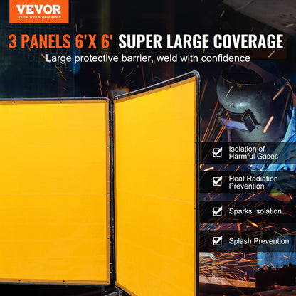 Welding Screen with Frame, 6' x 6' 3 Panel Welding Curtain Screens, Flame-Resistant Vinyl Welding Protection Screen on 12 Swivel Wheels (6 Lockable), Moveable & Professional for Workshop, Yellow