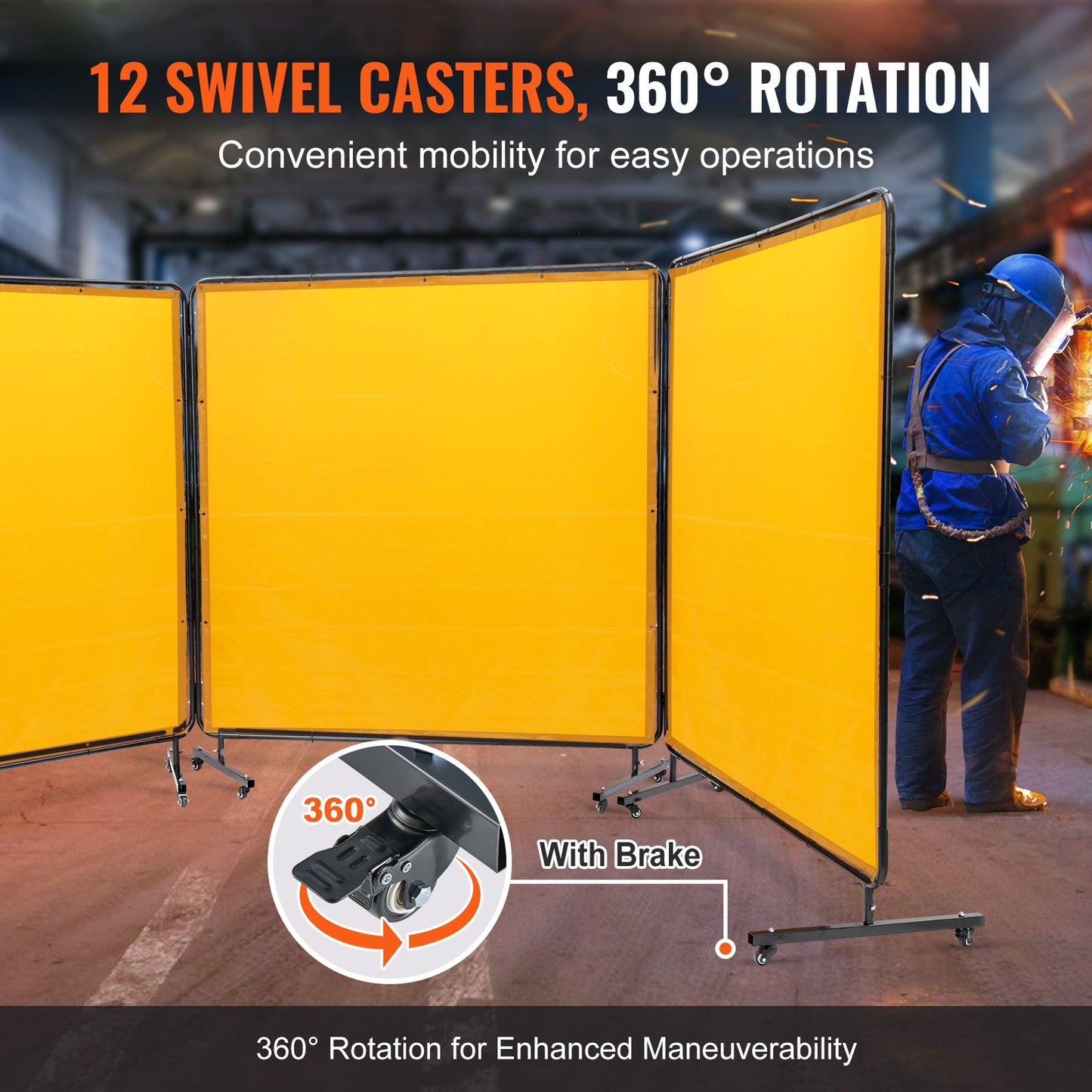 Welding Screen with Frame, 6' x 6' 3 Panel Welding Curtain Screens, Flame-Resistant Vinyl Welding Protection Screen on 12 Swivel Wheels (6 Lockable), Moveable & Professional for Workshop, Yellow
