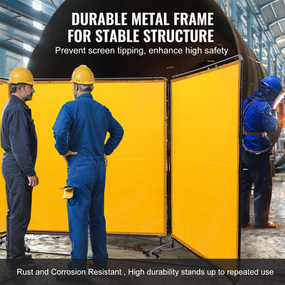 Welding Screen with Frame, 6' x 6' 3 Panel Welding Curtain Screens, Flame-Resistant Vinyl Welding Protection Screen on 12 Swivel Wheels (6 Lockable), Moveable & Professional for Workshop, Yellow
