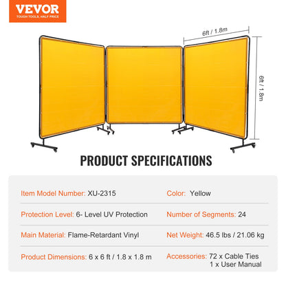 Welding Screen with Frame, 6' x 6' 3 Panel Welding Curtain Screens, Flame-Resistant Vinyl Welding Protection Screen on 12 Swivel Wheels (6 Lockable), Moveable & Professional for Workshop, Yellow
