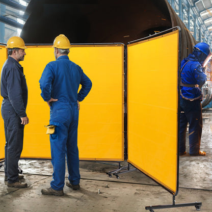 Welding Screen with Frame, 6' x 6' 3 Panel Welding Curtain Screens, Flame-Resistant Vinyl Welding Protection Screen on 12 Swivel Wheels (6 Lockable), Moveable & Professional for Workshop, Yellow