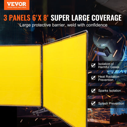 3-Panel Welding Screen with Frame, 1.8 x 2.4m, Flame-Resistant, 12 Wheels