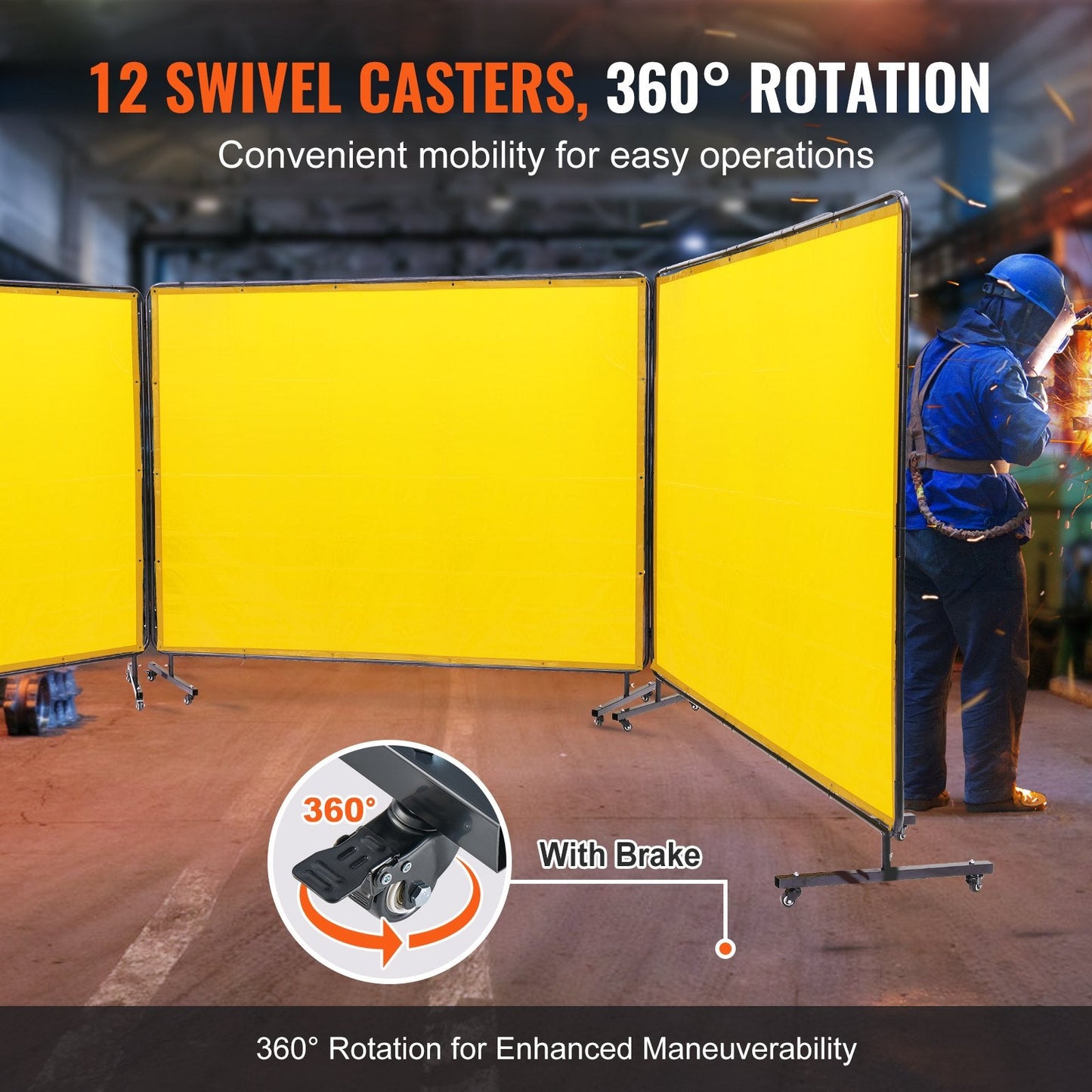 3-Panel Welding Screen with Frame, 1.8 x 2.4m, Flame-Resistant, 12 Wheels