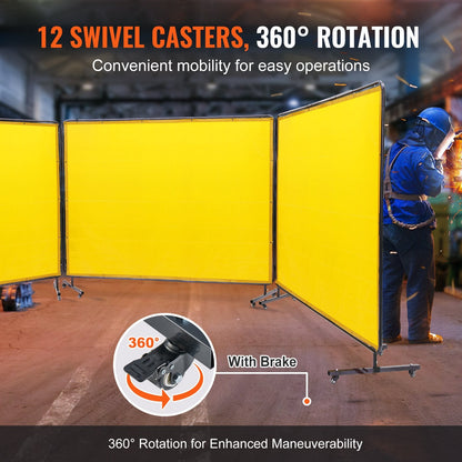 3-Panel Welding Screen with Frame, 1.8 x 2.4m, Flame-Resistant, 12 Wheels