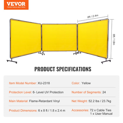 VEVOR Welding Screen with Frame 3 Panel 6' x 8' Welding Curtain Screen 12 Wheels