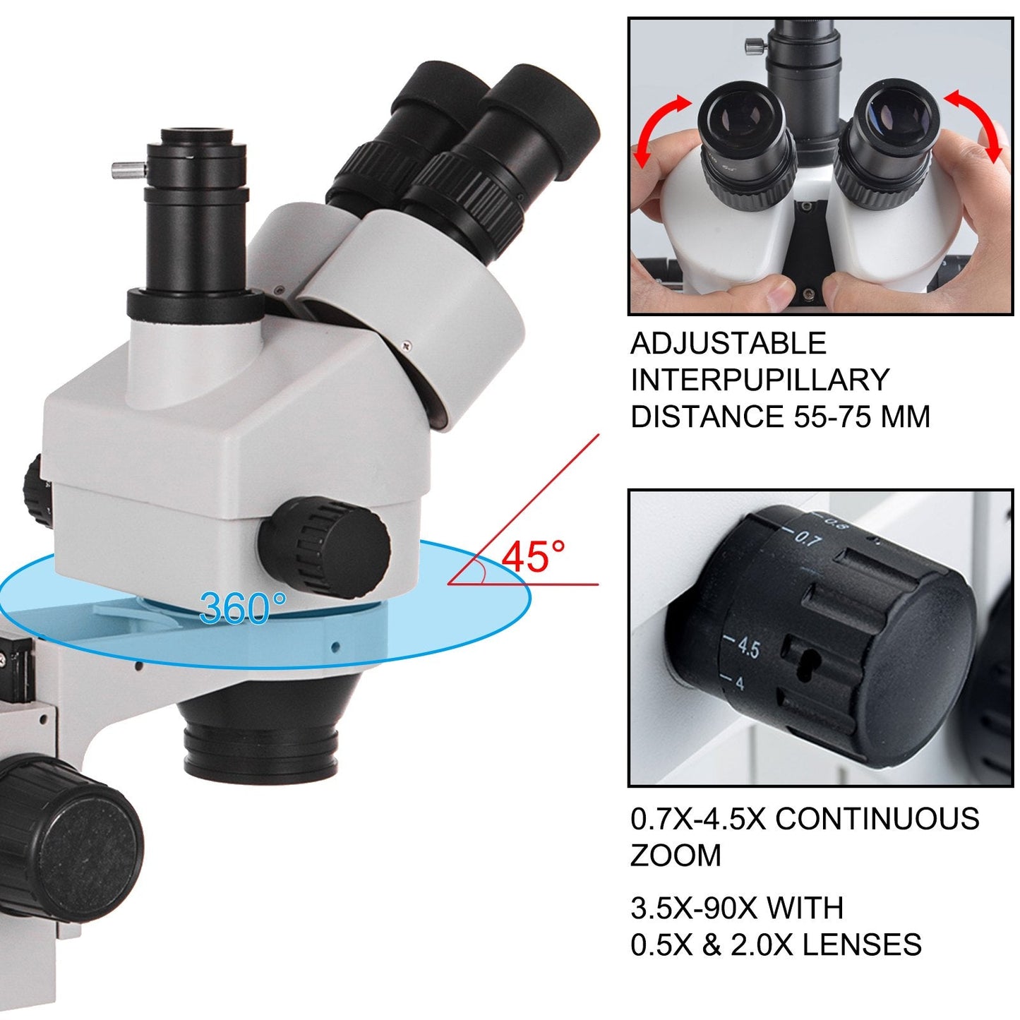 Trinocular Stereo Microscope 3.5X-90X with Adjustable Stand for Lab Use