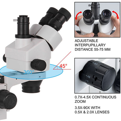 Trinocular Stereo Microscope 3.5X-90X with Adjustable Stand for Lab Use