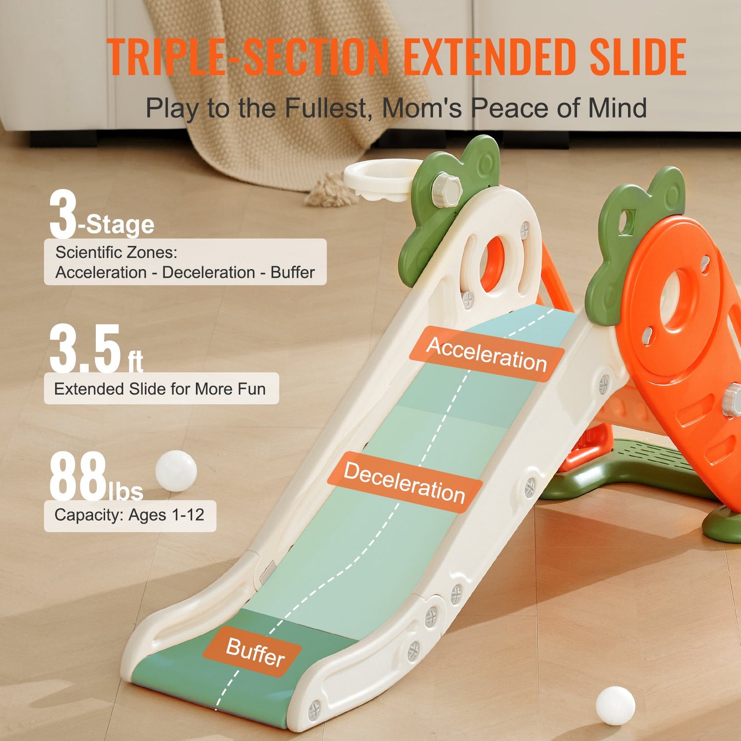 VEVOR Toddler Slide, Kid Slide for Toddlers Age 1-12 w/ Climbable Ladders & Basketball