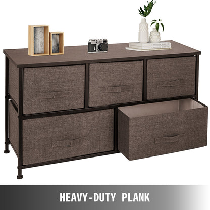 5-Drawer Fabric Dresser Storage Tower with Steel Frame, 1m x 0.3m x 0.5m, Coffee