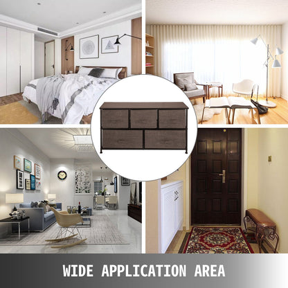 5-Drawer Fabric Dresser Storage Tower with Steel Frame, 1m x 0.3m x 0.5m, Coffee