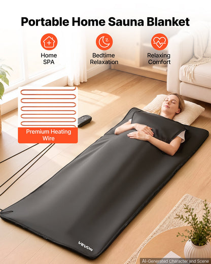Infrared Sauna Blanket with Armholes, 180 x 80 cm Portable Sauna Bag, Even Heating for Home Detox & Relaxation, Temp Control & Timer, Lightweight Oxford Fabric Heating Wrap with Carry Bag, Black