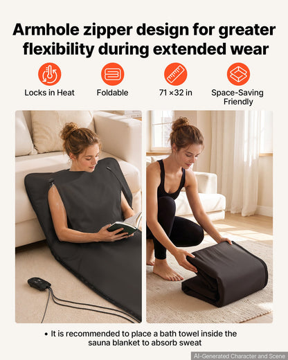 Infrared Sauna Blanket with Armholes, 180 x 80 cm Portable Sauna Bag, Even Heating for Home Detox & Relaxation, Temp Control & Timer, Lightweight Oxford Fabric Heating Wrap with Carry Bag, Black
