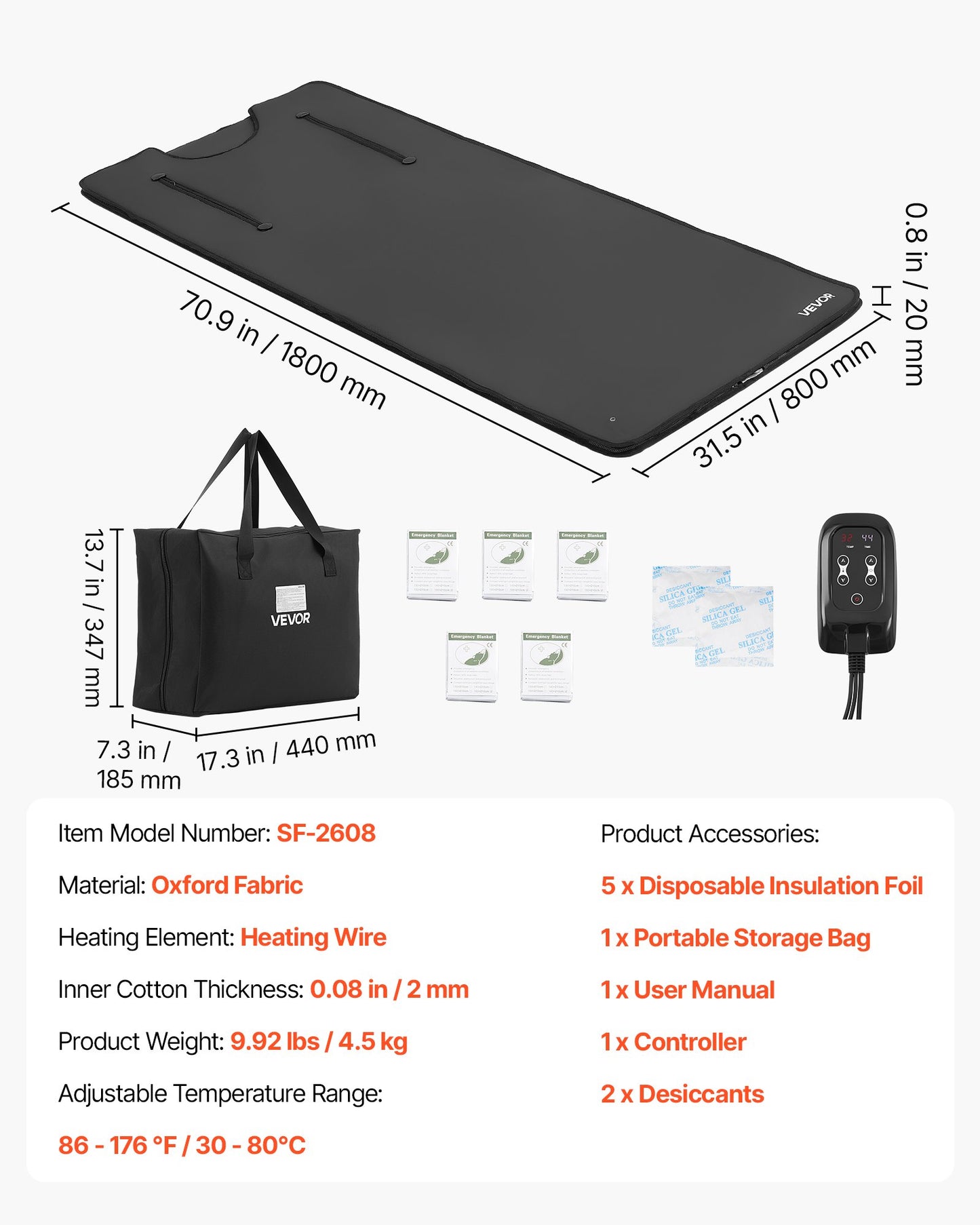 Infrared Sauna Blanket with Armholes, 180 x 80 cm Portable Sauna Bag, Even Heating for Home Detox & Relaxation, Temp Control & Timer, Lightweight Oxford Fabric Heating Wrap with Carry Bag, Black