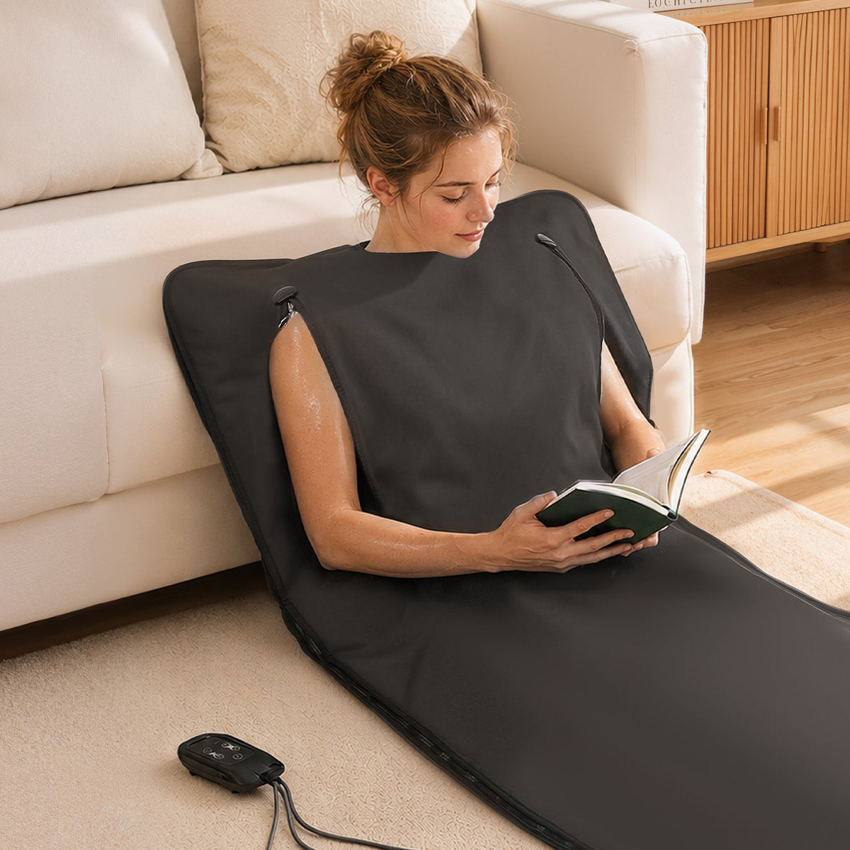 Infrared Sauna Blanket with Armholes, 180 x 80 cm Portable Sauna Bag, Even Heating for Home Detox & Relaxation, Temp Control & Timer, Lightweight Oxford Fabric Heating Wrap with Carry Bag, Black