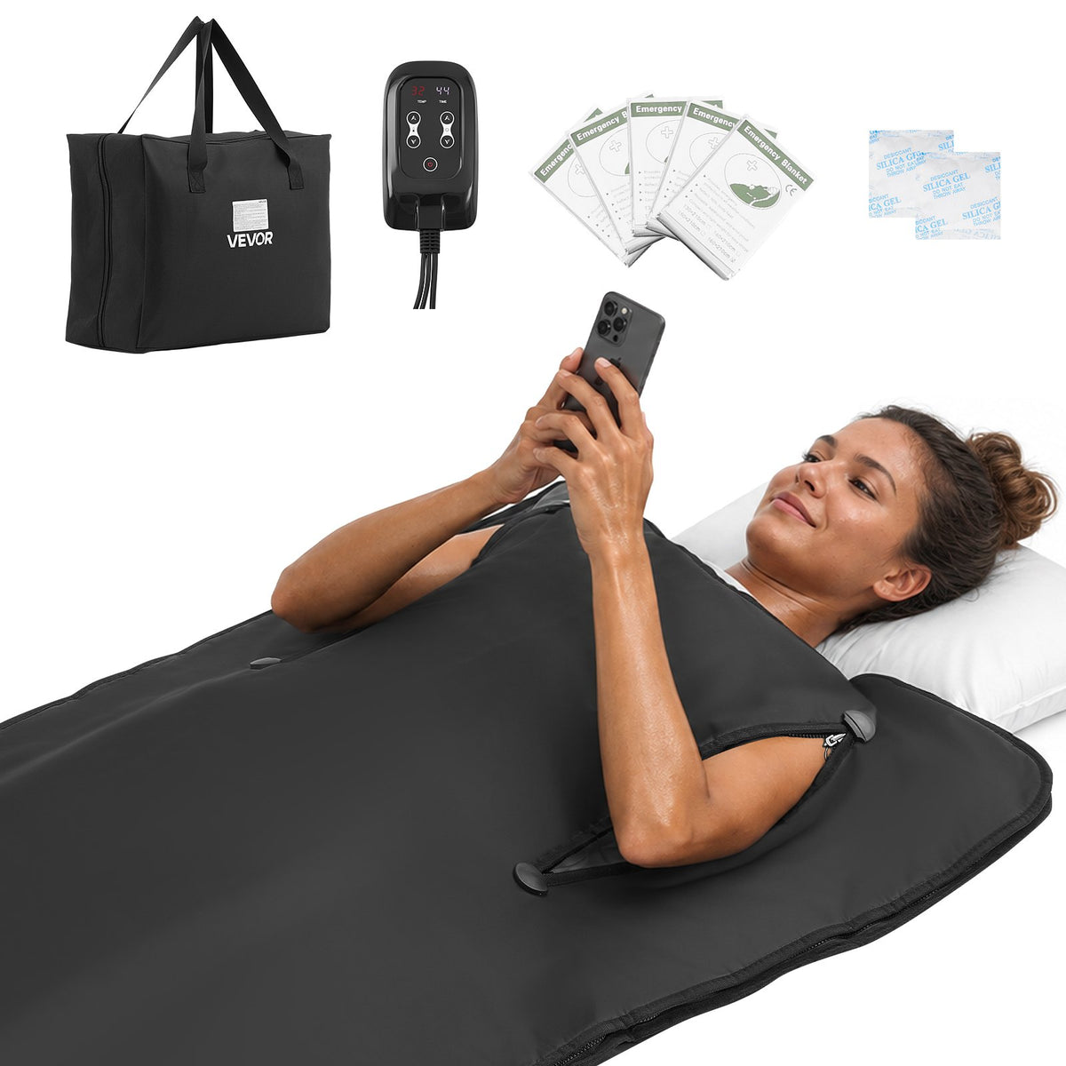 Infrared Sauna Blanket with Armholes, 180 x 80 cm Portable Sauna Bag, Even Heating for Home Detox & Relaxation, Temp Control & Timer, Lightweight Oxford Fabric Heating Wrap with Carry Bag, Black