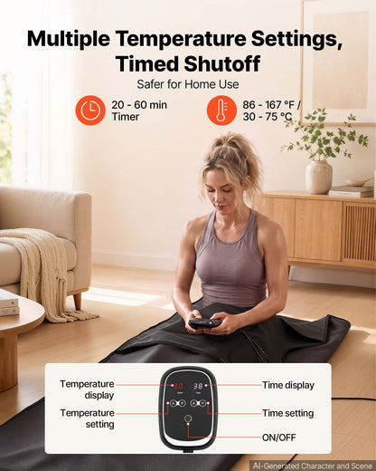 Infrared Sauna Blanket 185 x 90 cm, Portable PU Leather Sauna Bag, Even Heating for Home Detox & Relaxation, Temp Control & Timer, Full-Body Heating Wrap with Towel Liner, Carry Bag, Black