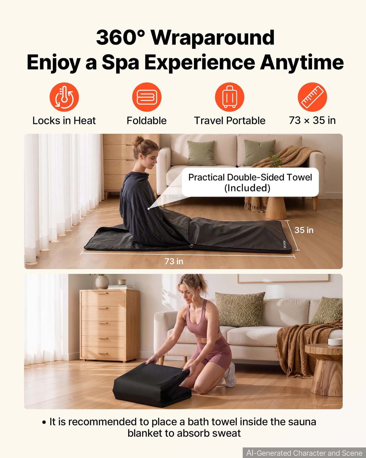Infrared Sauna Blanket 185 x 90 cm, Portable PU Leather Sauna Bag, Even Heating for Home Detox & Relaxation, Temp Control & Timer, Full-Body Heating Wrap with Towel Liner, Carry Bag, Black